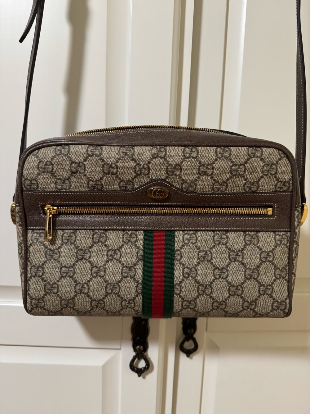 Gucci Brown GG Supreme Canvas Crossbody with Green and Red Web Stripe